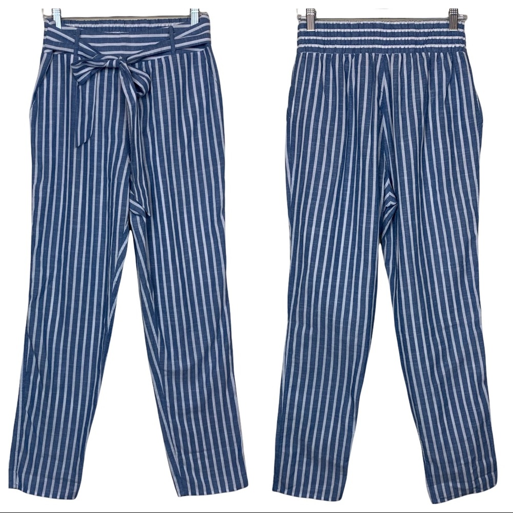 Lydelle Striped Tie Waist Lightweight Beachy Cotton Straight Leg Ankle Pants M